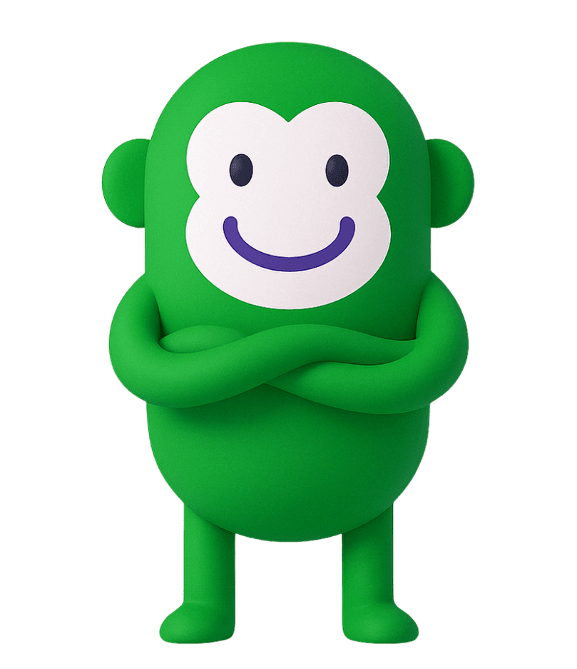 Momo, the MoodMonkey mascot, standing with arms crossed