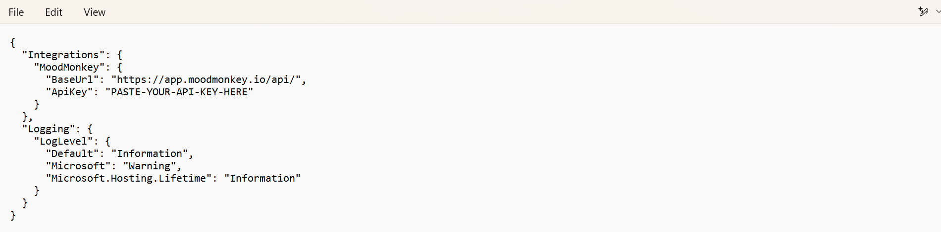 The appsettings.json file opened in Notepad with the ApiKey field highlighted