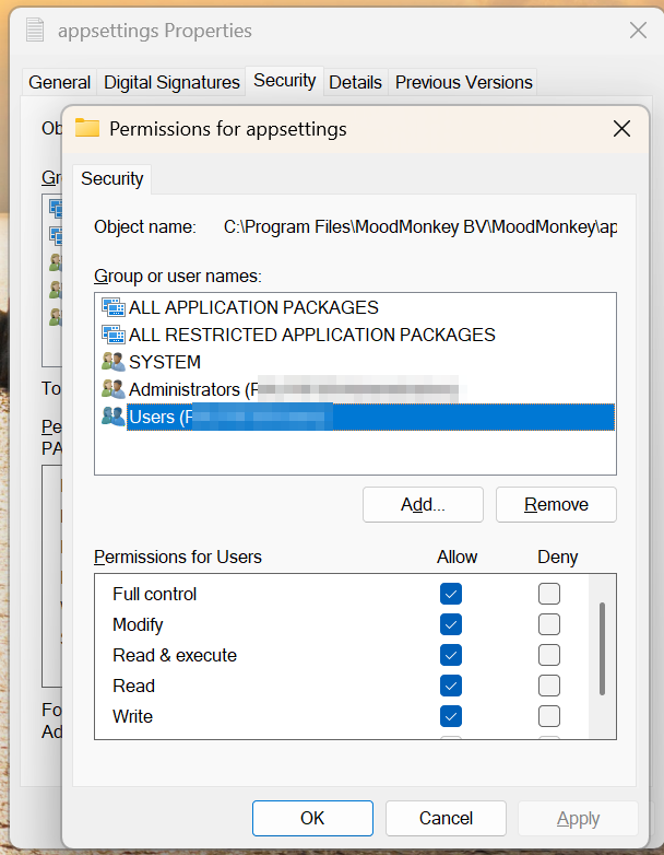 The permissions dialog with Write allowed for the Users group