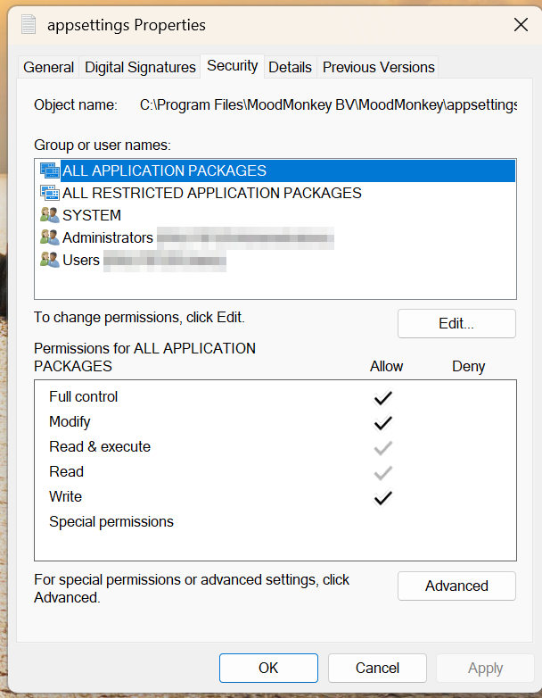 The Security tab of the appsettings.json properties dialog