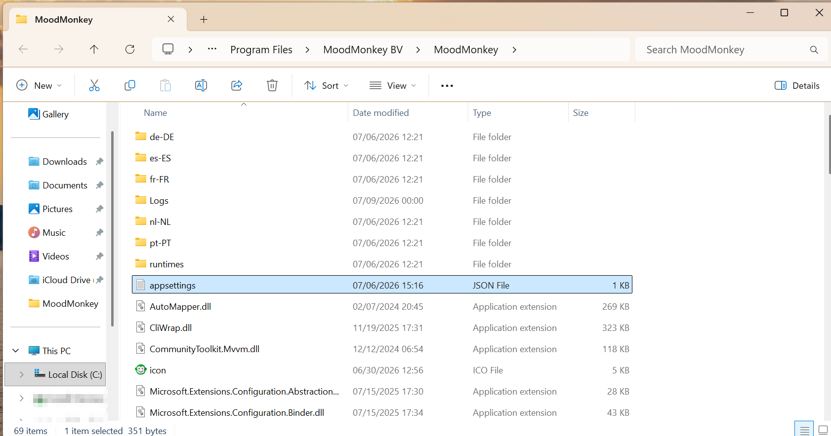 The appsettings.json file selected in the MoodMonkey installation folder