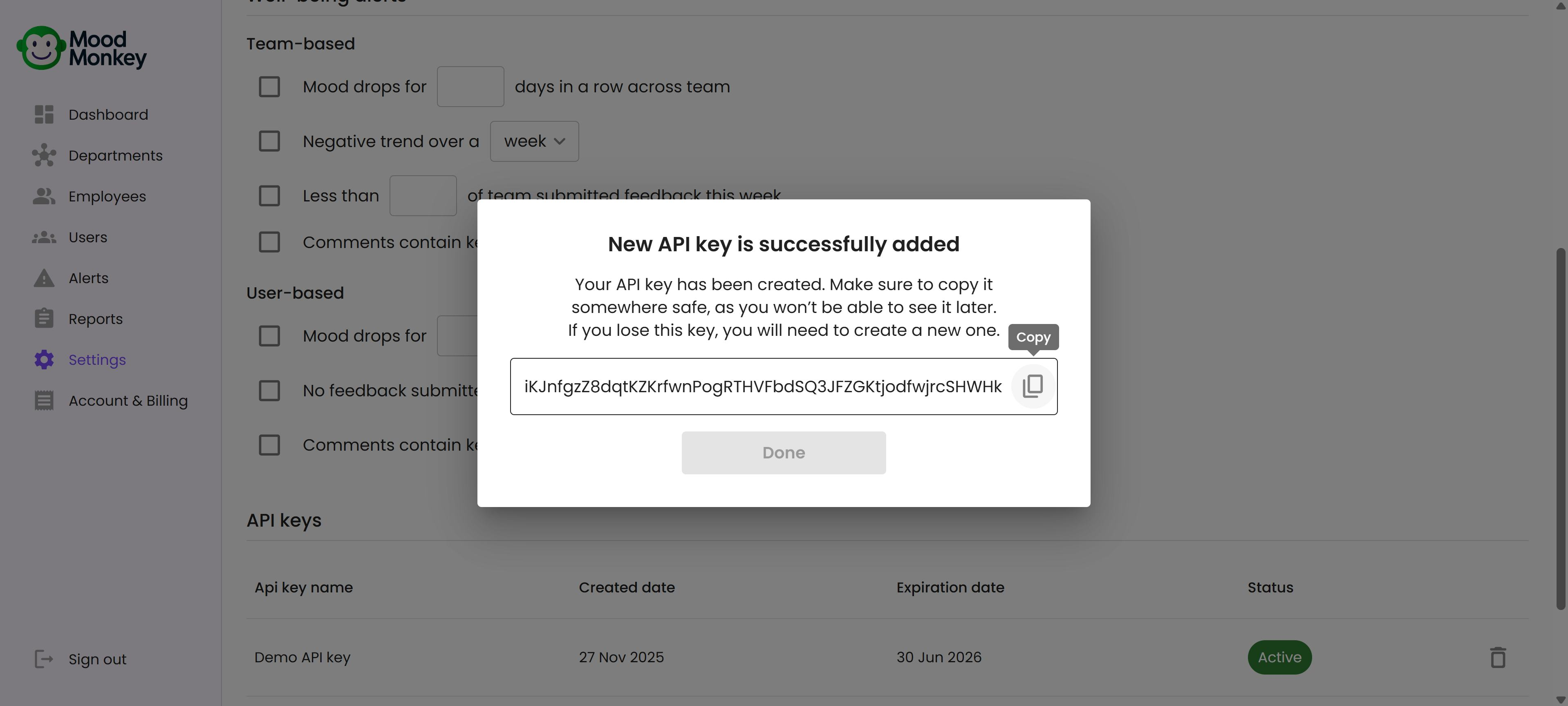 The dialog showing the generated API key value once