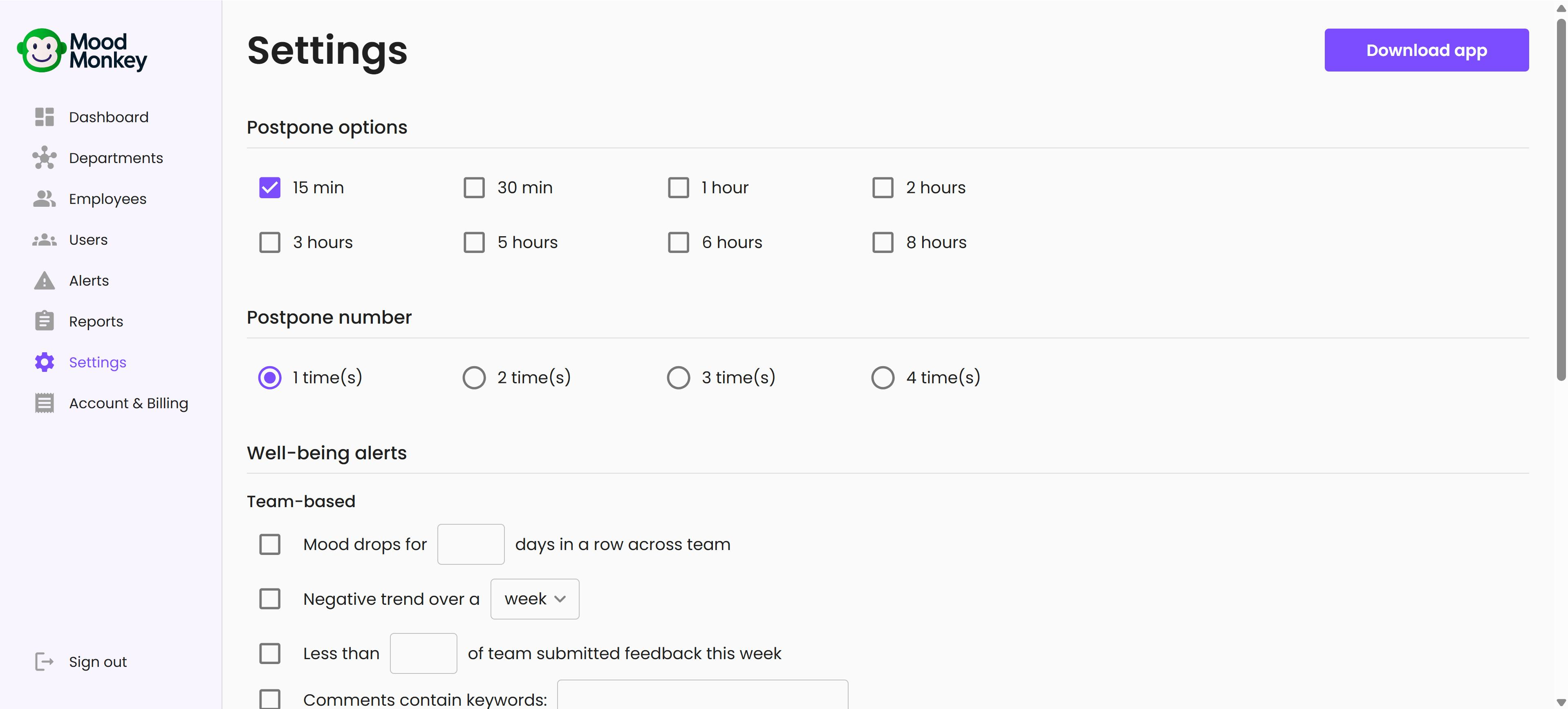The Download app button on the Settings page