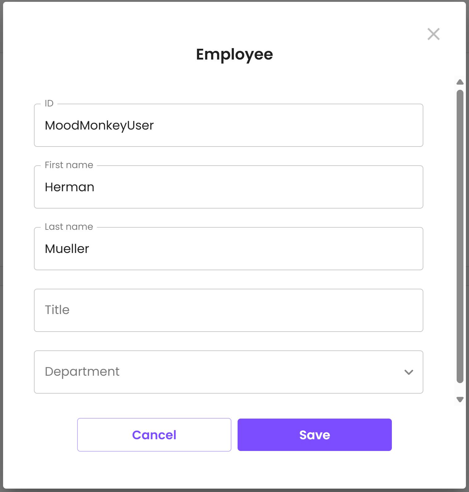 The employee form with the ID field filled with a Windows login name