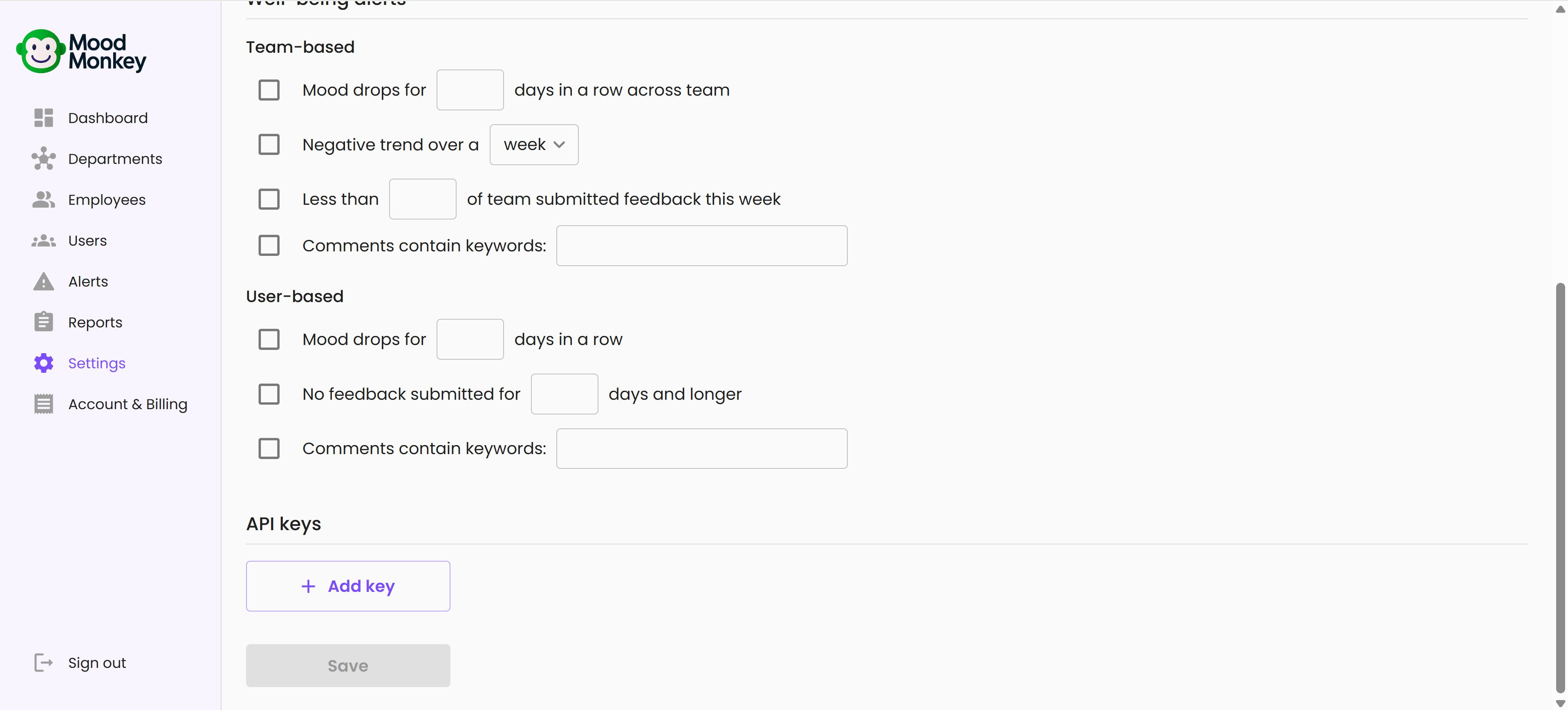 The API keys section on the Settings page