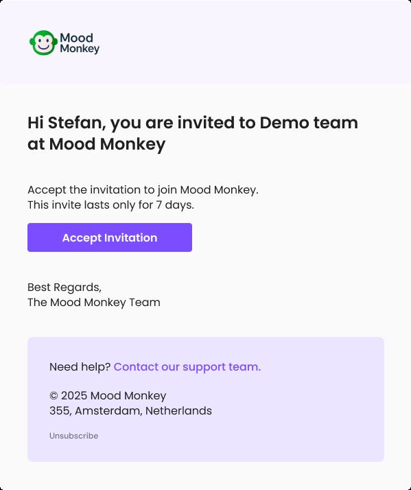 De MoodMonkey-uitnodigingsmail met de knop Accept Invitation