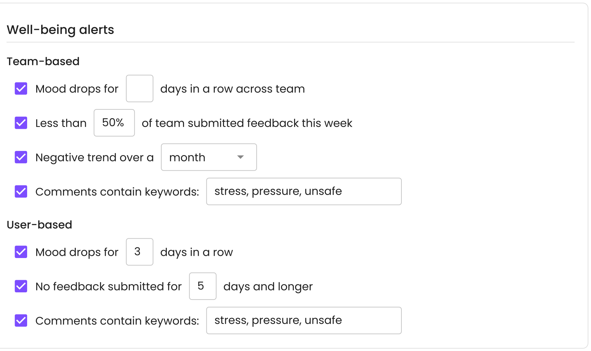 De well-being alerts-instellingen met team- en gebruikerstriggers