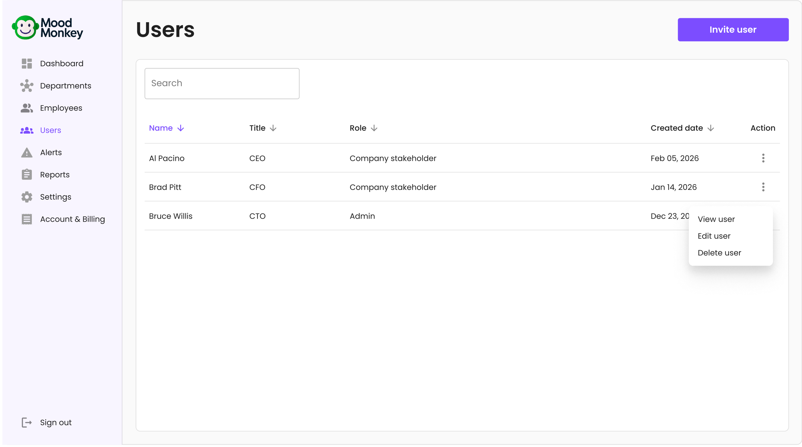 De pagina Users met de lijst portaalgebruikers en hun rollen